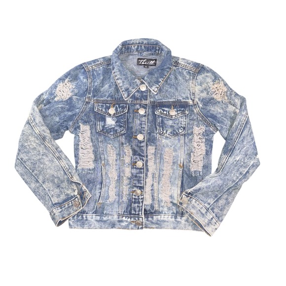 Thrill Denim Jacket Womens XL Blue Acid Wash Heavily Distressed Trucker Ripped - Picture 1 of 8